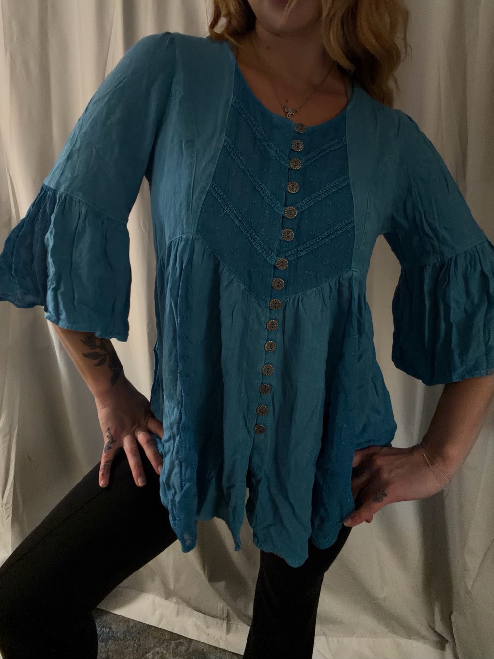 Blue boho bell sleeve button front peplum top